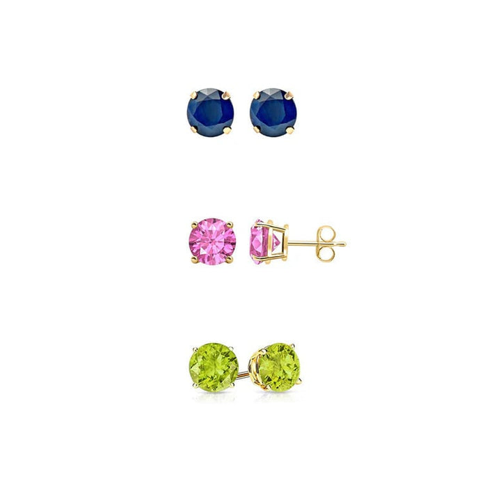 Paris Jewelry 18k Yellow Gold 2Ct Created Blue Sapphire Pink Sapphire and Peridot 3 Pairs Round Stud Earrings Image 1