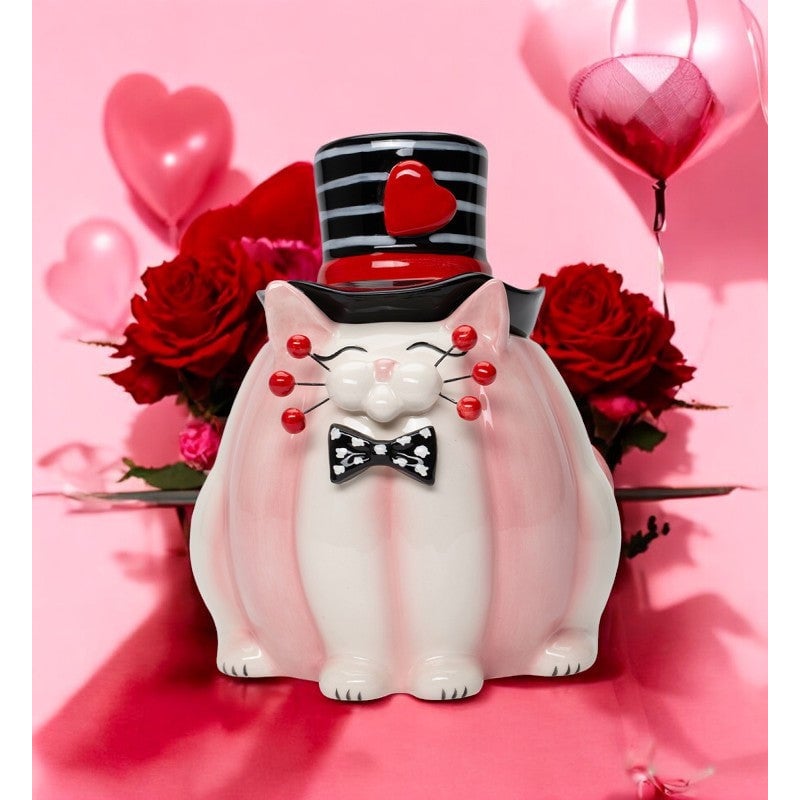 Ceramic Valentine Cat Candy Jar 5 1/4" Romantic Decor Image 1