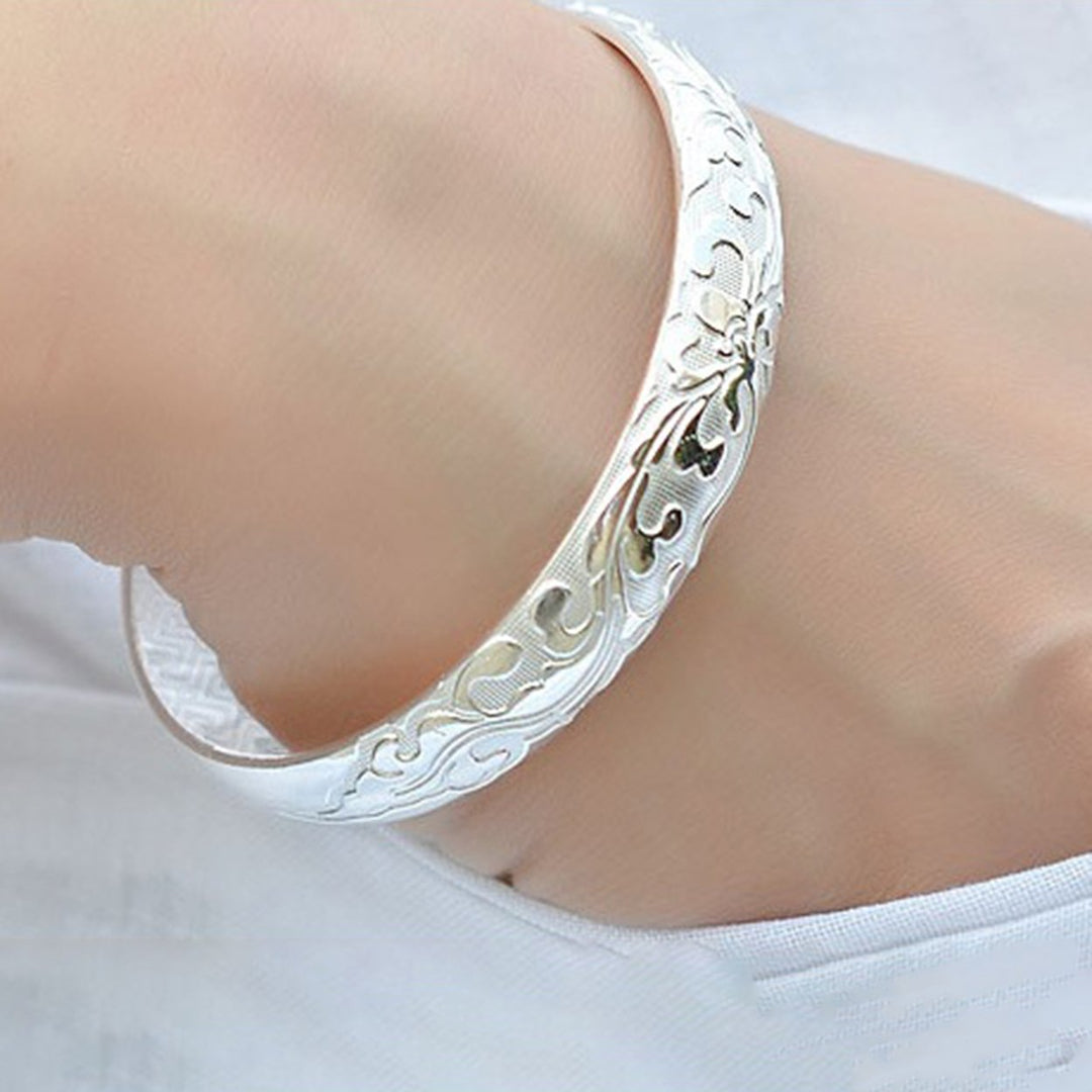 Lady Opening Bracelet Adjustable Circumference Floral Emboss Smooth Polished Wide Wrist Jewelry for Vacation Work Daily Image 1