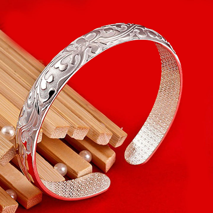 Lady Opening Bracelet Adjustable Circumference Floral Emboss Smooth Polished Wide Wrist Jewelry for Vacation Work Daily Image 3