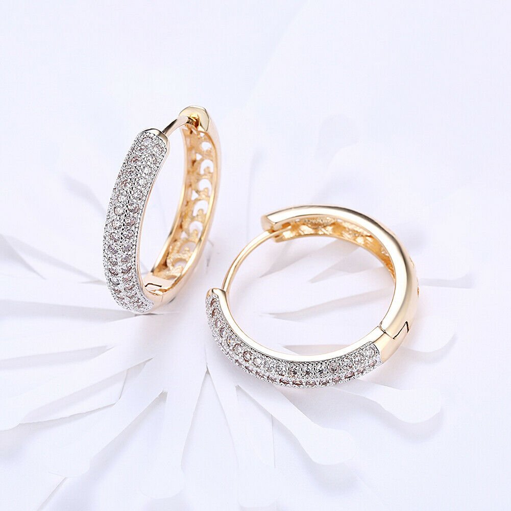 Classic Round18K Gold Plated Crystal Cubic Zirconia Pave Hoop Earrings Image 2