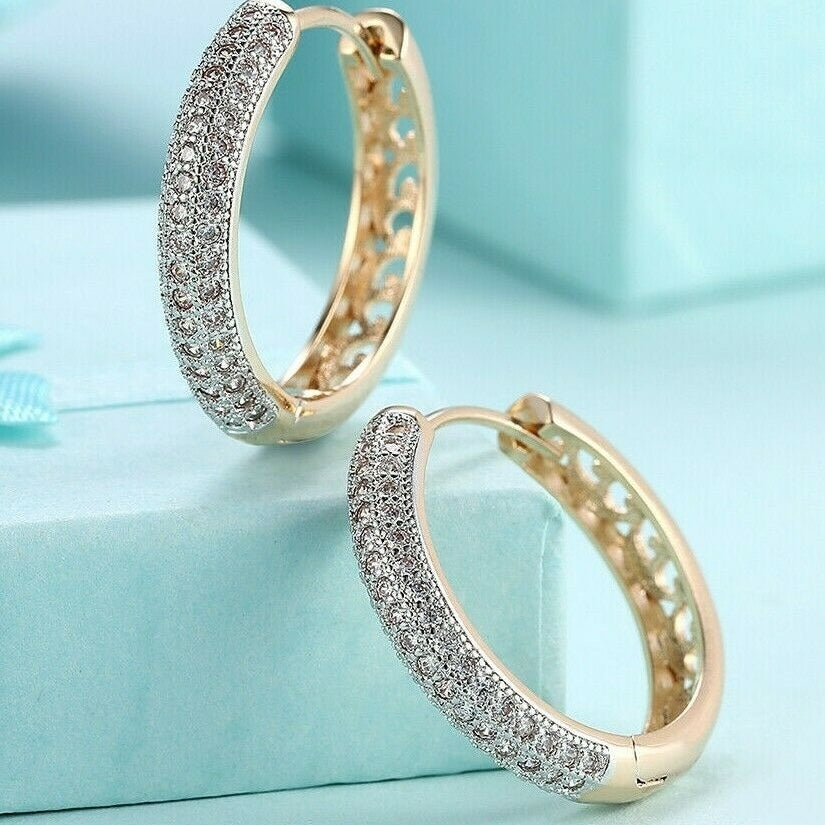 Classic Round18K Gold Plated Crystal Cubic Zirconia Pave Hoop Earrings Image 3