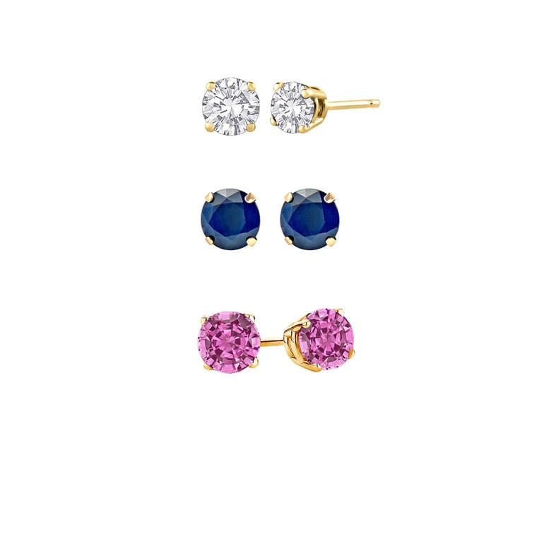 Paris Jewelry 18k Yellow Gold 4Ct Created White Sapphire Blue Sapphire and Pink Sapphire 3 Pairs Round Stud Earrings Image 1