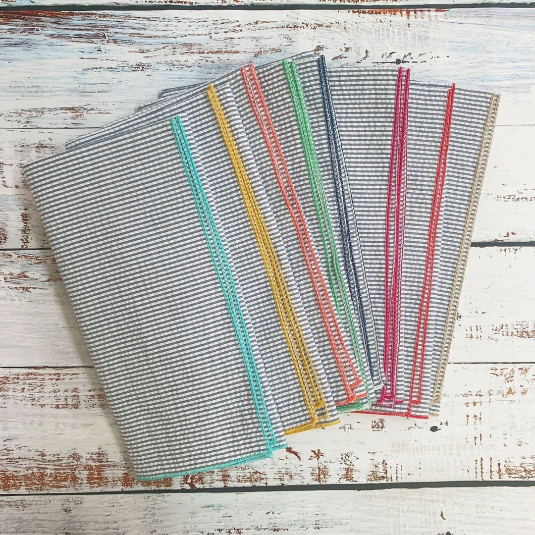 Grey Seersucker Cloth Napkins with Colorful EdgesSet of 8 Image 4