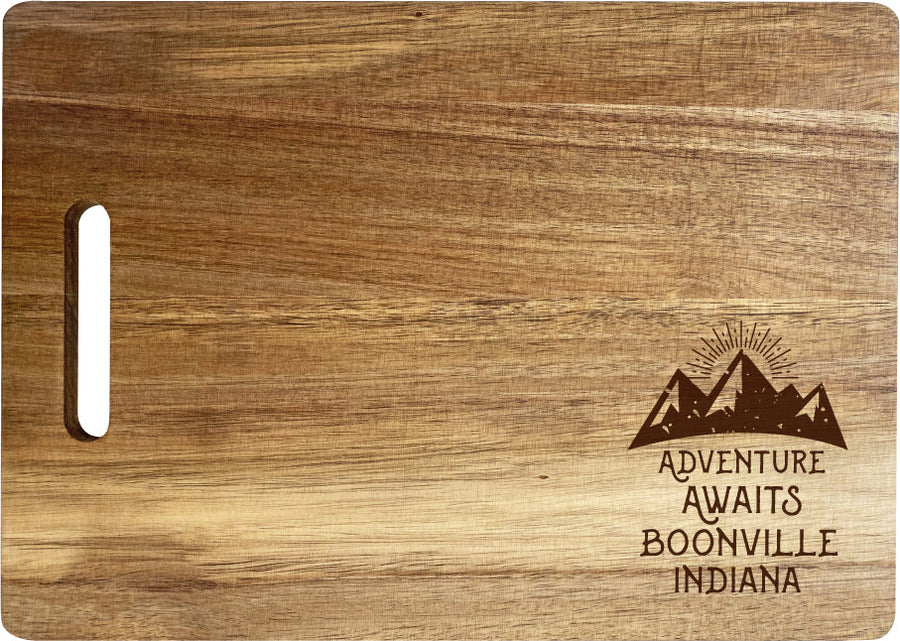 Boonville Indiana Camping Souvenir Engraved Wooden Cutting Board 14" x 10" Acacia Wood Adventure Awaits Design Image 1